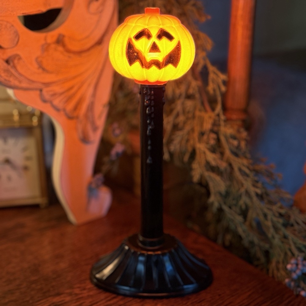 Vintage Halloween Pumpkin Light Jack O Lantern Blow Mold Drip Candlestick Lamp